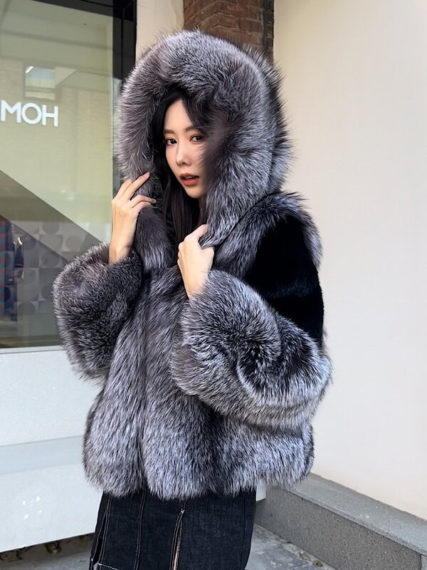 Abrigo largo de piel de zorro auténtica para mujer, chaqueta de lujo con capucha plateada, prendas de vestir exteriores, novedad de 2023