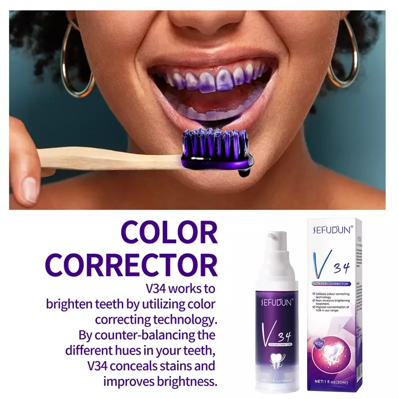 Зубная паста для отбеливания зубов V34 Цветовая зубная коррекция средство для отбеливания зубов фиолетовая Неинвазивная отбеливающая зубная паста