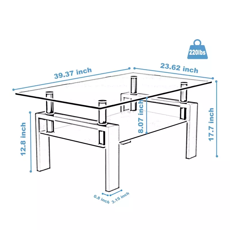 Tavolino rettangolare in vetro temperato/legno gambe in tubo metallico 2 strati tavolino laterale tavolo centrale Set di mobili per soggiorno