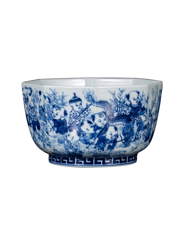 Zhongjia-pintado à mão octogonal xícara de chá cerâmica, azul e branco, Jingdezhen, Chai Kiln, Kung Fu, Figura Boy, Master Cup