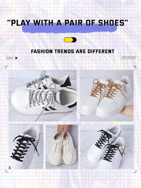 Tali sepatu Glitter bulat Sneaker trendi, tali sepatu lari, tali sepatu olahraga kulit kasual putih cerah warna-warni