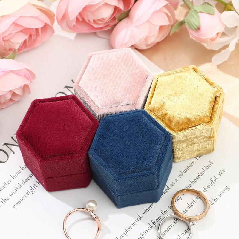 Hexagon Shape Velvet Jewelry Box Double Ring Storage Box Woman Gift Earrings Package Case Wedding Ring Display Packaging Box