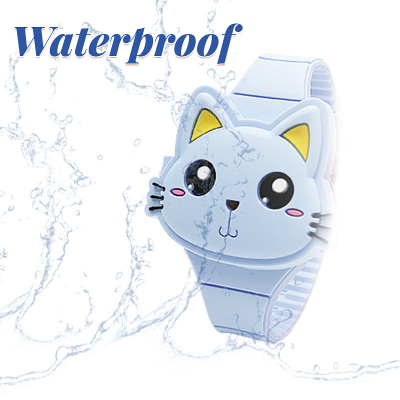 귀여운 고양이 모양 LED 디지털 시계, BPA 프리 실리콘 밴드, 클램셸 디자인, 어린이 손목시계