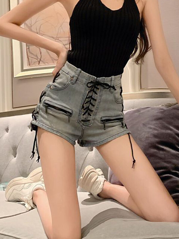 Jmprs-Shorts jeans feminino com bandagem sexy, cintura alta, jeans slim design, streetwear casual da senhora coreana, vintage, hotsweet