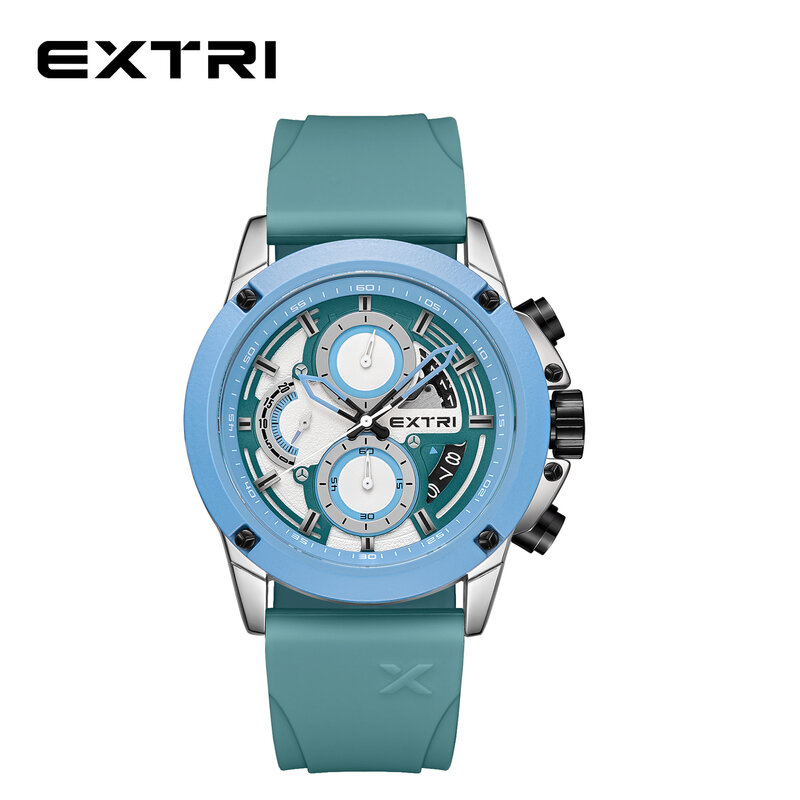 Zegarki EXTRI dla mężczyzn niebieska obudowa guma wysokiej jakości wielofunkcyjne sześciopunktowe reloje kwarcowe nowy Design z pudełkiem