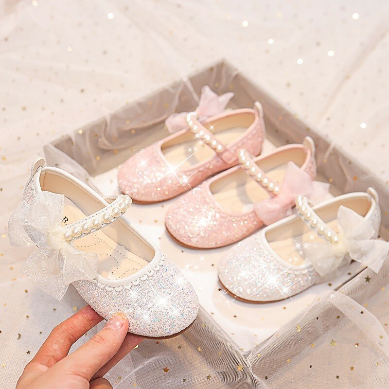 Zapatos de princesa antideslizantes para niñas, calzado elegante con lazo lateral y perlas, Mary Janes, fiesta y espectáculos de boda, 2023