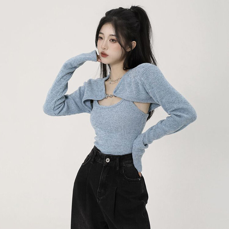 Lucyever Y2K Sexy Slim Knitted Sweater Women Korean Fashion Cardigan+Vest Set Tops Ladies Harajuku Casual Cropped Knit Jumpers