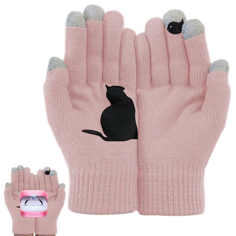 冬の女性用手袋5本指寒い天候用かわいい猫の鳥のプリント手袋ミトン秋冬屋外手袋