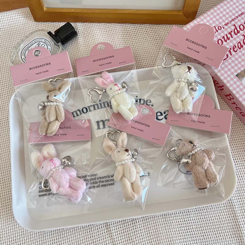 Cartoon Rabbit Bear Keychain for Women Girls Cute Animal Heart Beads Bag Pendant Key Chains Handmade Plush Doll Accessories Gift