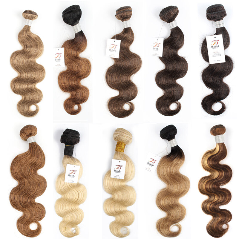 ボビー-人間の髪の毛の織り、ボディウェーブ、ブラック、ブラウン、スイープ、オンブル、ブロンド #613、ヘアエクステンション、10-26インチ、1バンドル