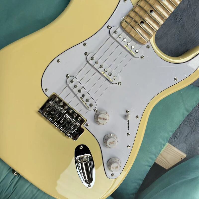 Gitara elektryczna z 6 strunami, żółtym korpusem, podstrunnicą klonową, ścieżką klonową, prawdziwymi zdjęciami fabrycznymi, może być wysyłana z