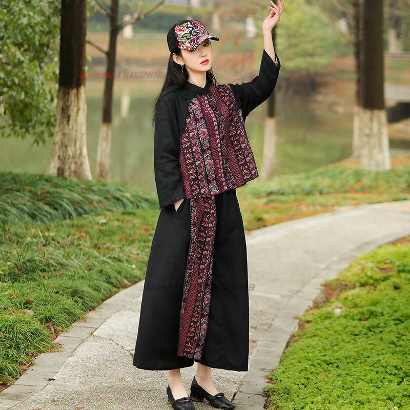 Celana panjang vintage tradisional Cina, celana panjang longgar linen katun nasional pinggang elastis bordir bunga etnik 2024