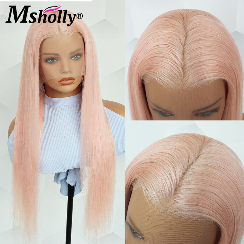 Perucas de cabelo humano retas glueless para mulheres, pré-arrancadas, remy natural colorido, rosa, frente de renda, 13x6 HD, venda