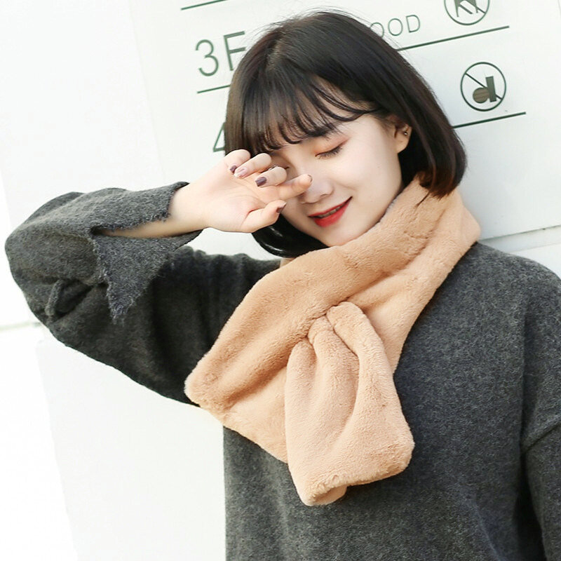 한국 스타일 인조 모피 스카프 여성 학생용 겨울 단색 따뜻한 크로스 플러시 스카프, 가을 귀여운 소녀 부드러운 스카프 새로운 선물