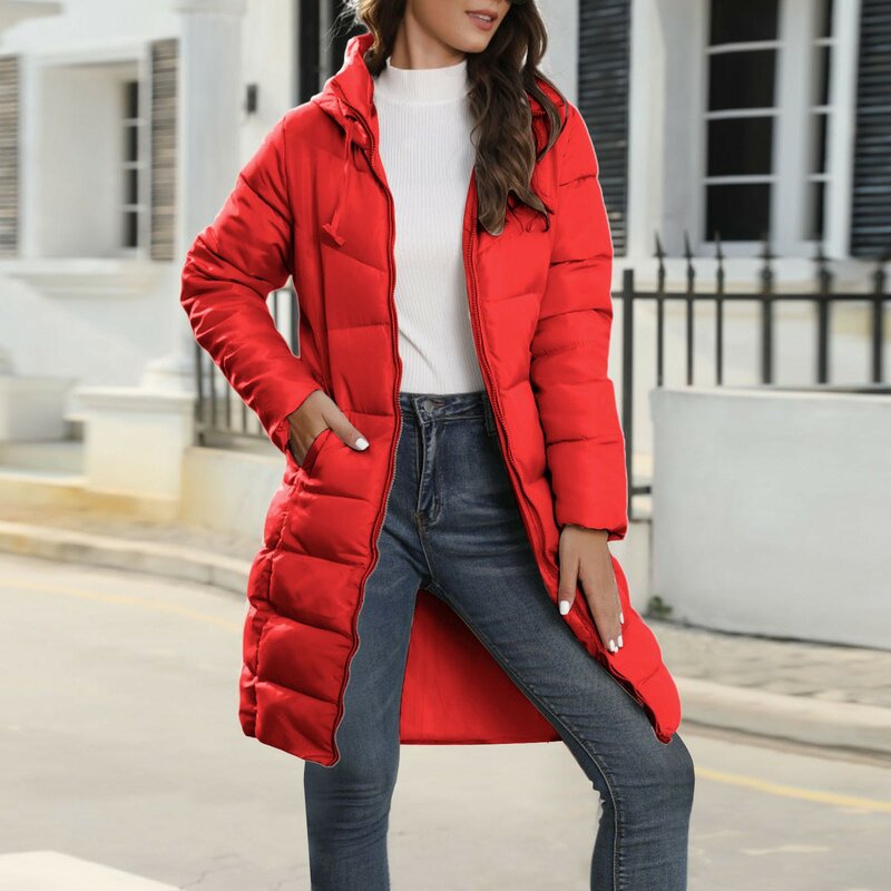 Mantel katun panjang lurus musim dingin 2023 jaket hangat wanita kasual Parka bertudung lepas ramping pakaian luar mode ukuran besar Mujer
