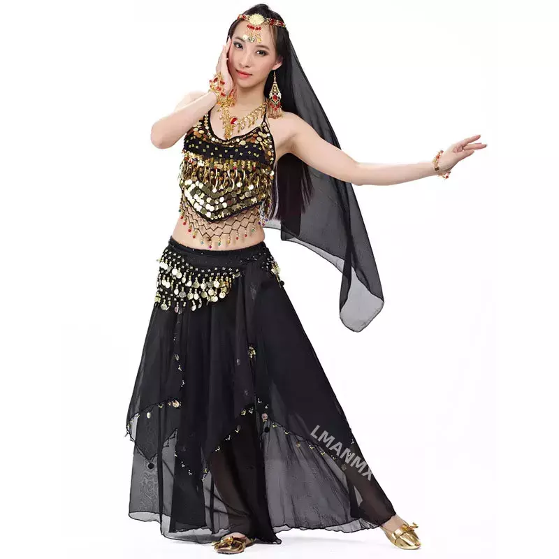 Costume indiano Set 4 pezzi velo di danza del ventre Top monete gonna sciarpa dell'anca Costume di danza del ventre donna