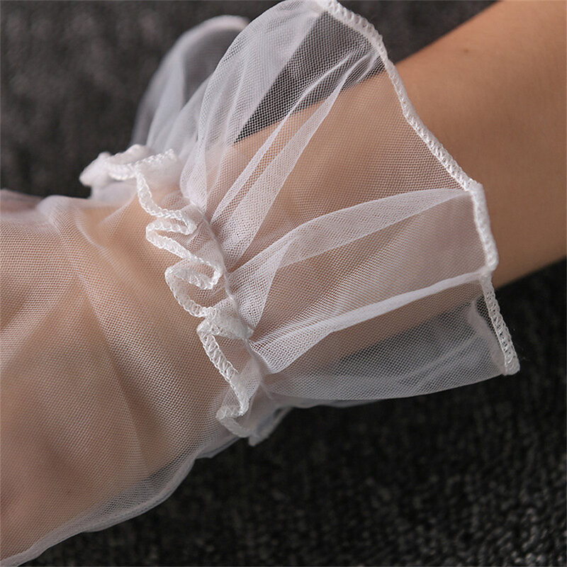 Guantes cortos de tul para mujer, manoplas Transparentes de encaje elástico con dedos completos, color blanco y negro, para Otoño y verano