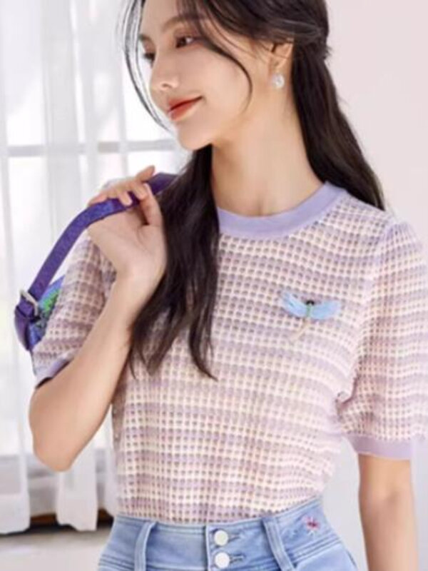 Camisetas de moda juvenil para mujer, estilo coreano, cuello redondo, elegante, diario, manga corta, informal, acogedor, elegante, encantador