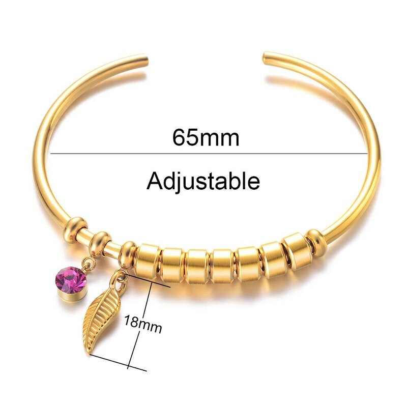 Punho aberto personalizado de aço inoxidável para mulheres, braceletes da folha do bohemia, pulseira personalizada dos nomes do birthstone, presentes, 12 cores