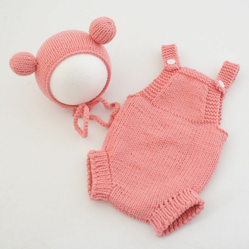 0-2 ヶ月新生児クマの衣装写真撮影用かぎ針編みニットジャンプスーツクマの耳帽子衣装セット赤ちゃんの写真撮影の小道具アクセサリー