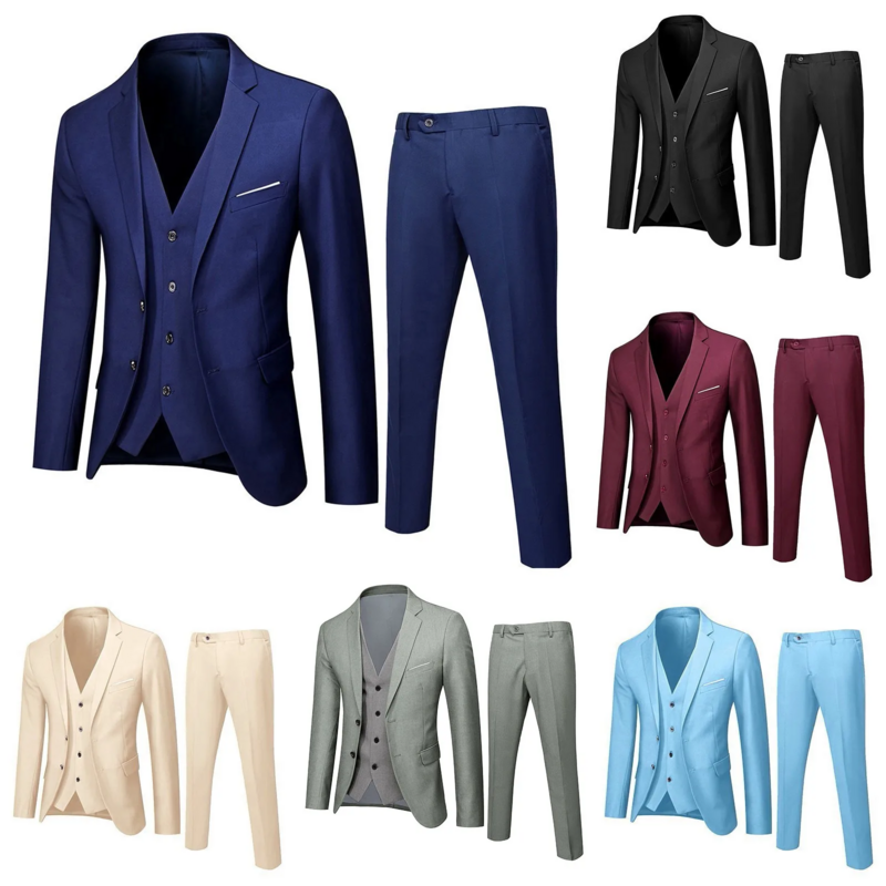 Fato de negócios justo masculino, jaqueta de festa de casamento, colete e calça, 3 peças