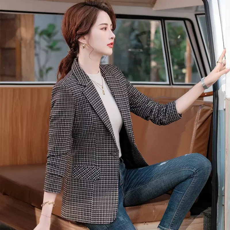 Hochwertige Frauen Kaffee Plaid Single Button Blazer für Damen Frühling Herbst tragen Mode weibliche formelle Design Jacke Mantel