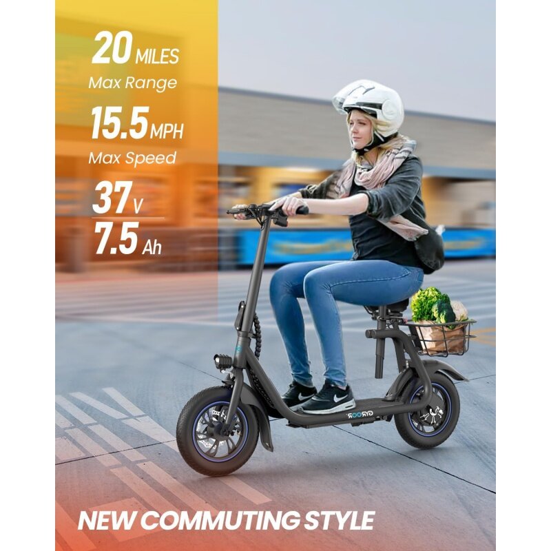 Scooter elétrico com assento para adultos, display LCD inteligente, longo alcance, motor 450-600W, até 15.5, 18.6MPH, 20, 25Miles