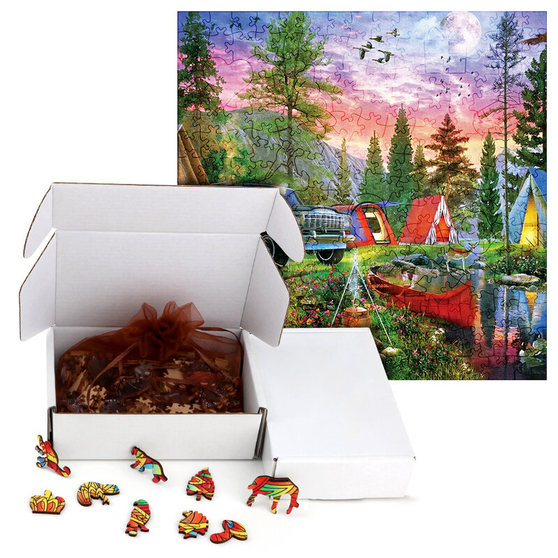 Unique Wooden Puzzles Wild Camping Scenery Wood Jigsaw Puzzle Craft Irregular Family Interactive Puzzle Gift for Kids Education