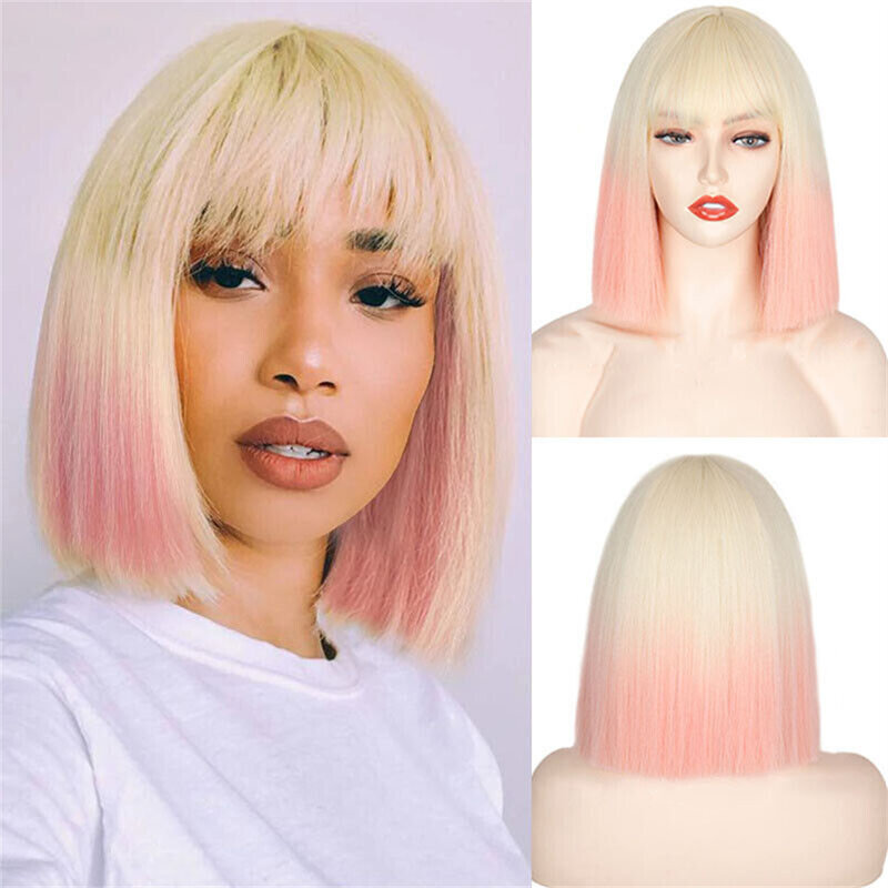 Blonde Bob Wig with Bangs Short Straight Blonde Wigs for Women 12 Inch Synthetic Straight Hair Wig for Girl Cosplay Party Wear