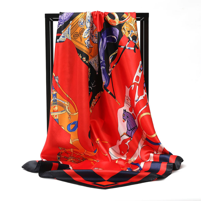 Bufanda cuadrada de satén para mujer, pañuelo grande con estampado de caballo, sensación de seda, para envolver el cabello, regalo de diseñador