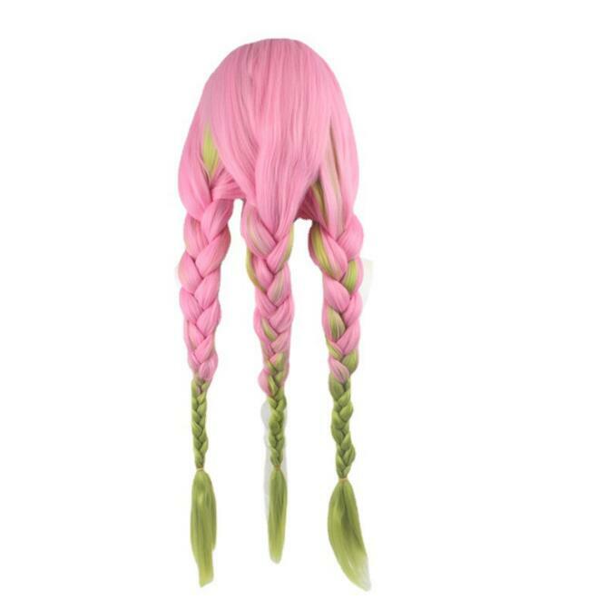 Peluca de Cosplay de Anime Kanroji Mitsuri Kanroji, larga, rosa y verde con tres trenzas, peluca de cabello sintético resistente al calor