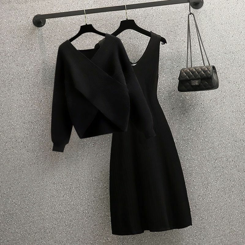 Conjunto de dos piezas de moda para mujer, suéter de punto cruzado ajustado con cuello en V + falda holgada informal, primavera y otoño, 2023