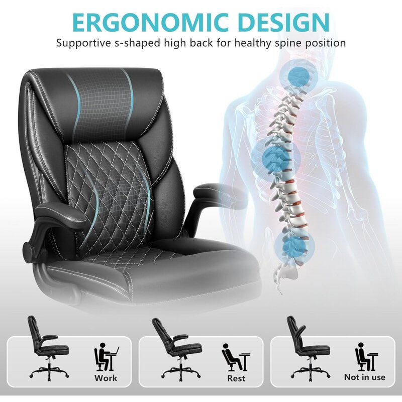 Office Chair, Executive Leather Chair Home Office Desk Chairs, Ergonomic Computer Desk Chair with Adjustable Flip-Up Arms