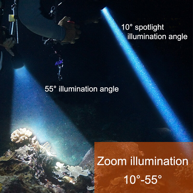 D10u Zoombaar Duiklicht 6500K Duikzaklamp Onderwater Waterdicht 60M Variabele Focus Duikzaklamp Duikverlichting Zaklamp