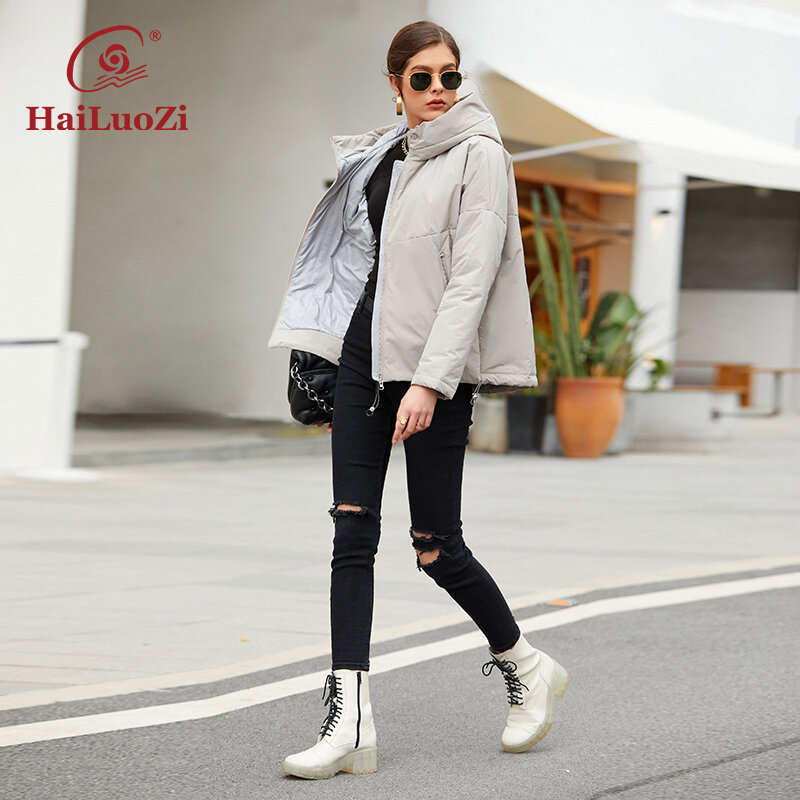 HaiLuoZi 2022 새로운 여성 자 켓 봄 여성 캐주얼 짧은 코트 패션 Splicing 따뜻한 브랜드 여성 두건 된 바이오 코 튼 파커 7871