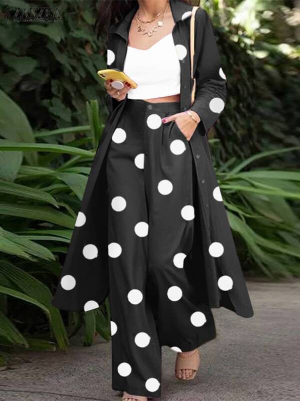 ผู้หญิง Polka Dot Matching ชุด ZANZEA แฟชั่นพิมพ์ชุด2ชิ้นแขนยาวเสื้อกางเกงยาวหญิง Urban Outifits ขนาดใหญ่