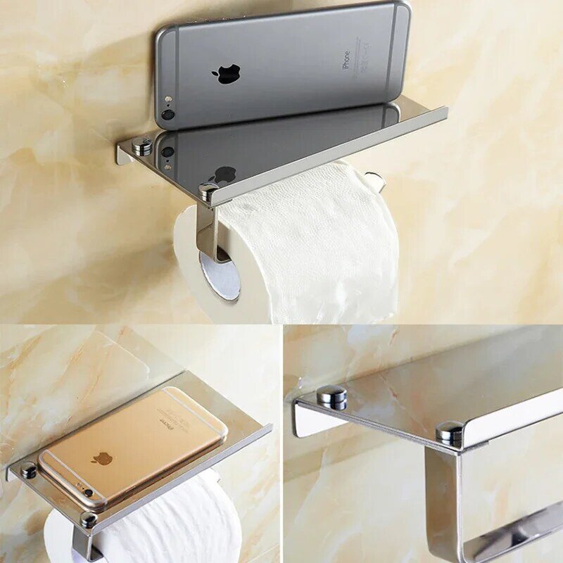 Toaleta WC uchwyt na papier do montażu na ścianie ze stali nierdzewnej łazienka WC uchwyt na telefon z regał do przechowywania z półkami
