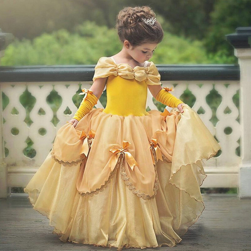 Vestido fofo sem mangas infantil Belle Princess, amarelo, vestido de Halloween para meninas, Bela e Fera, outono, novo