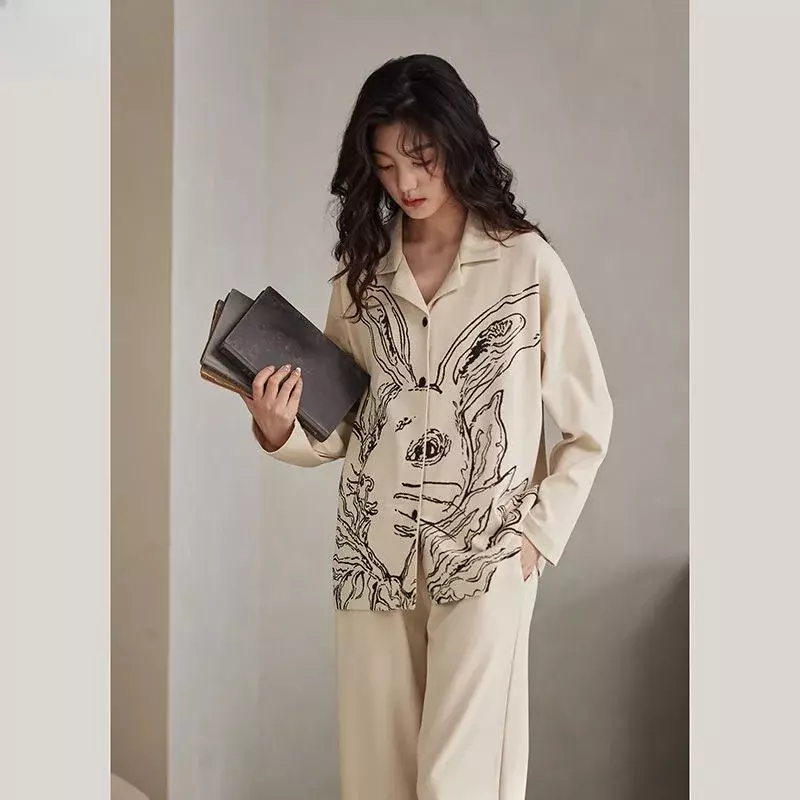 Conjuntos de pijamas estampados de coelho feminino, calças de manga comprida, pijamas casuais, roupa caseira coreana doce, algodão, novo para primavera e outono