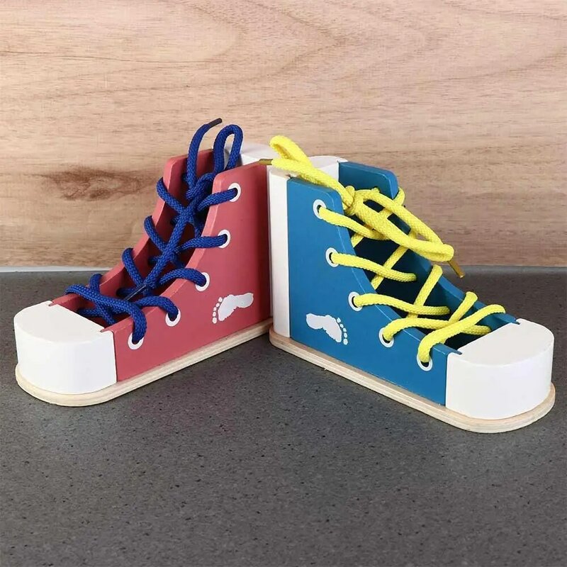 Tie Shoes Wooden Shoelace Toys Puzzle game Lacing Shoes Wearing Shoes with Shoelaces Toy Wood Lacing Sneaker