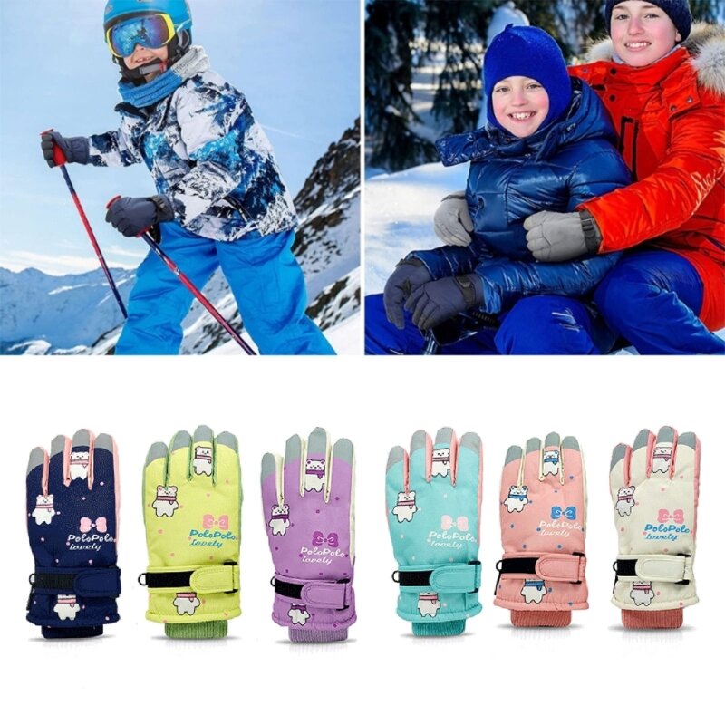 Guantes esquí para niños con patrón dibujos animados, guantes térmicos invierno para nieve para niños y niñas, guantes