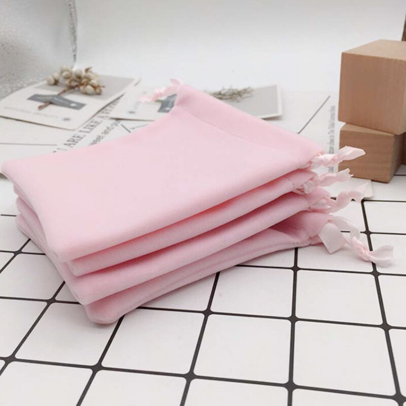 Bolsas de regalo de terciopelo rosa, 5x7cm, 7x9cm, 9x12cm, paquete de 50 bolsas con cordón para joyería, saco para pestañas y polvo