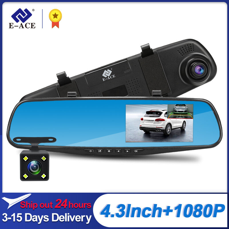 E-ACE completo hd 1080p câmera do carro dvr auto 4.3 Polegada espelho retrovisor gravador de vídeo digital lente dupla registratory filmadora
