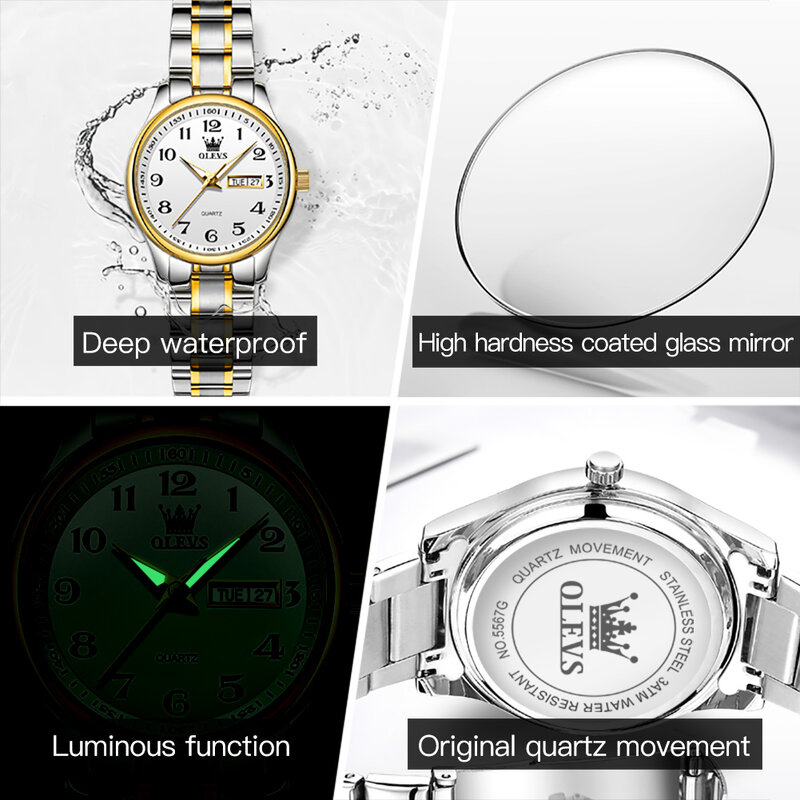 OLEVS นาฬิกาข้อมือผู้หญิง Original นาฬิกาหรูหราสำหรับกันน้ำสำหรับสุภาพสตรีสแตนเลสสตีลควอตซ์นาฬิกาข้อมือผู้หญิง Gold 2022แนวโน้ม