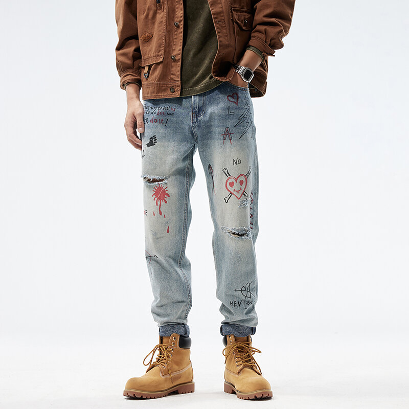 Мужские потертые джинсы в стиле ретро, зауженные прямые свободные повседневные уличные брюки из денима в стиле граффити