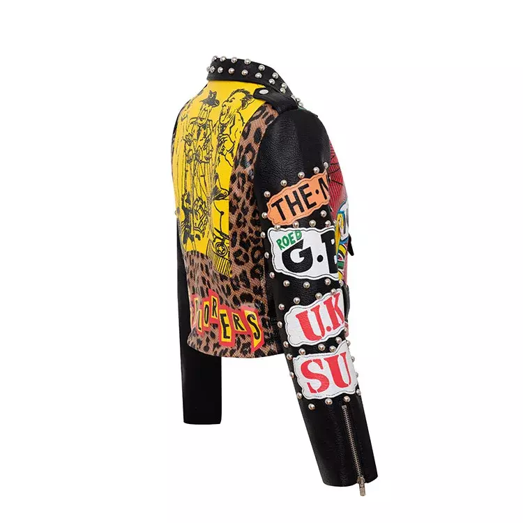 Jaqueta de couro de motocicleta feminina, estilo punk novo, estampa grafite contrastante, jaqueta de couro falso cravejada, streetwear, 2024