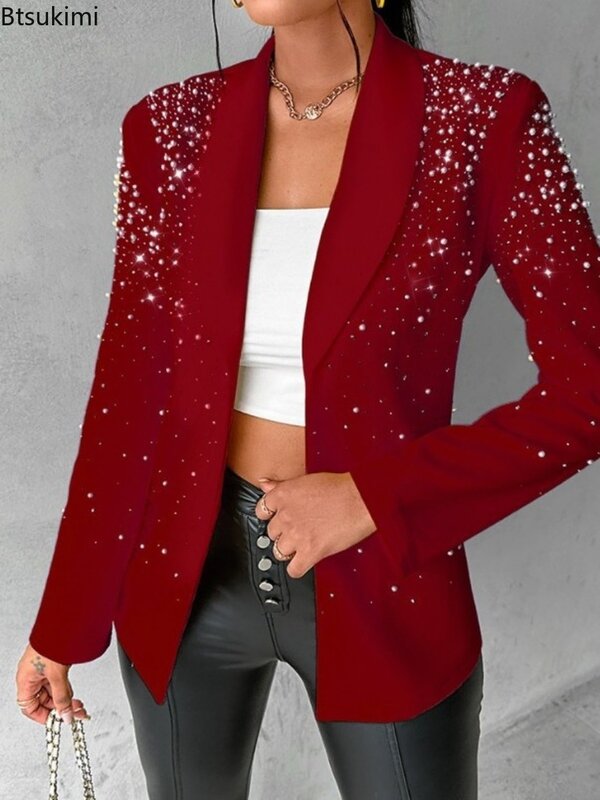 2024Women's Blazer Autumn Fashion Beaded Elegant Temperament Shawl Collar Plain Long Sleeve Work Blazer Coat Office Lady Blazers
