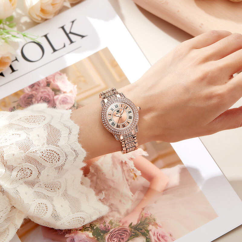 นาฬิกาเพชรแท้ของ OLEVS สำหรับแฟชั่นสำหรับผู้หญิงหรูหราสแตนเลสนาฬิกาข้อมือควอตซ์กันน้ำนาฬิกาชุดสุภาพสตรี