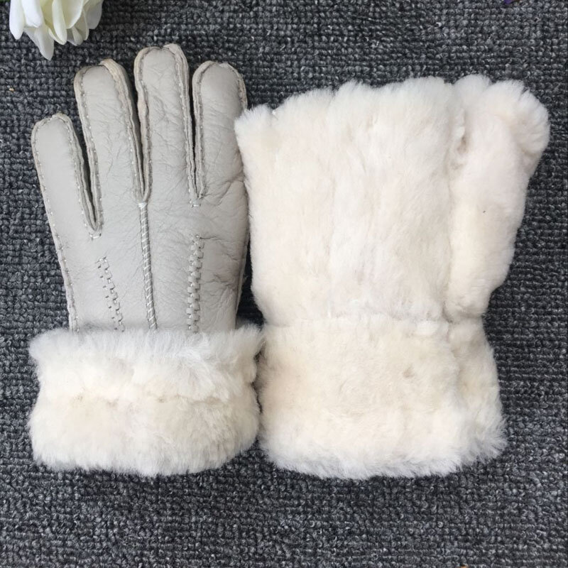 100% Sheepskin Winter Gloves for Women Men Real Cashmere Fur Warm Gloves Ladies Full Finger Genuine Leather Mitten Gloves