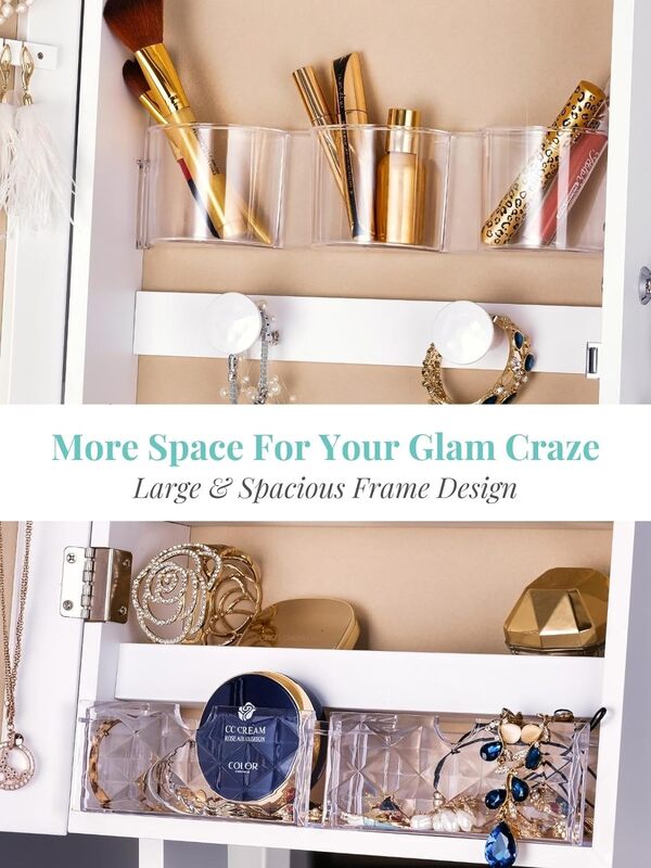LUXFURNI LED Light Jewelry Cabinet Standing Full Screen Mirror Makeup Lockable Armoire, Large Cosmetic Storage Organizer w/Brush